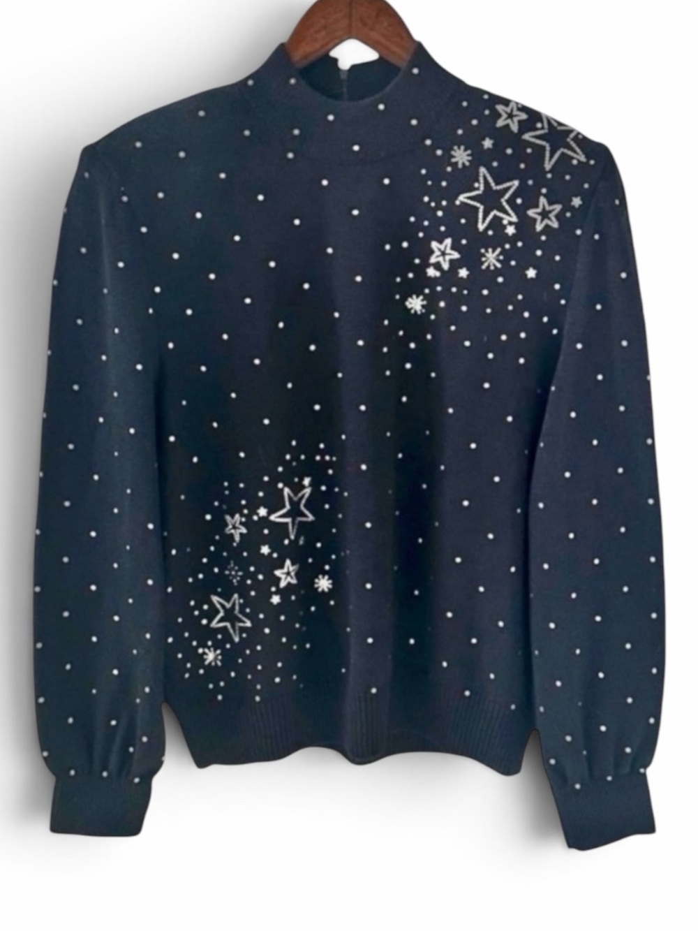 St. John Evening Black Long Sleeve Knit Sweater with Silver Stars Size Small